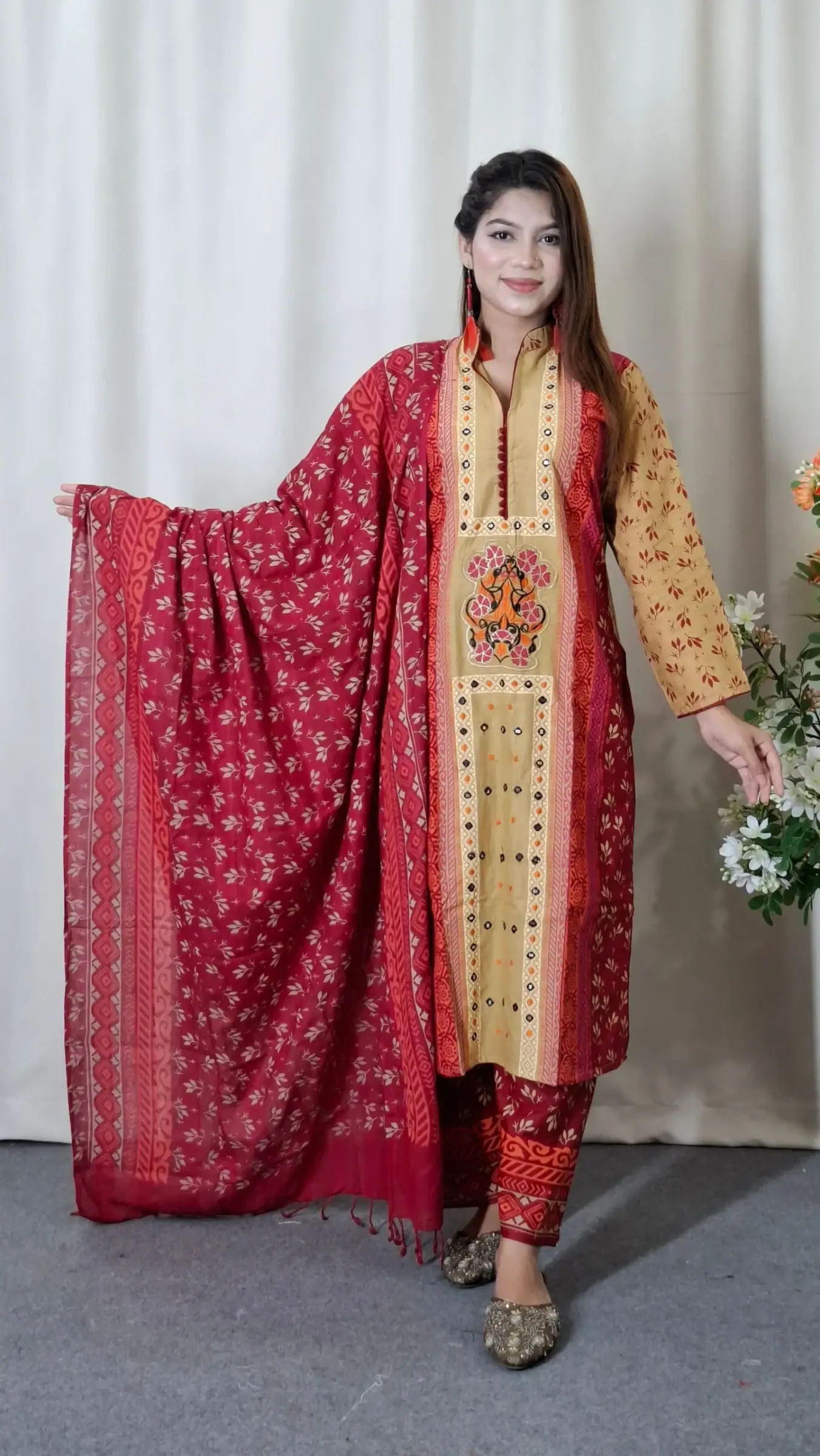 Aarong Cotton Three-Piece (BO-001) — Maroon