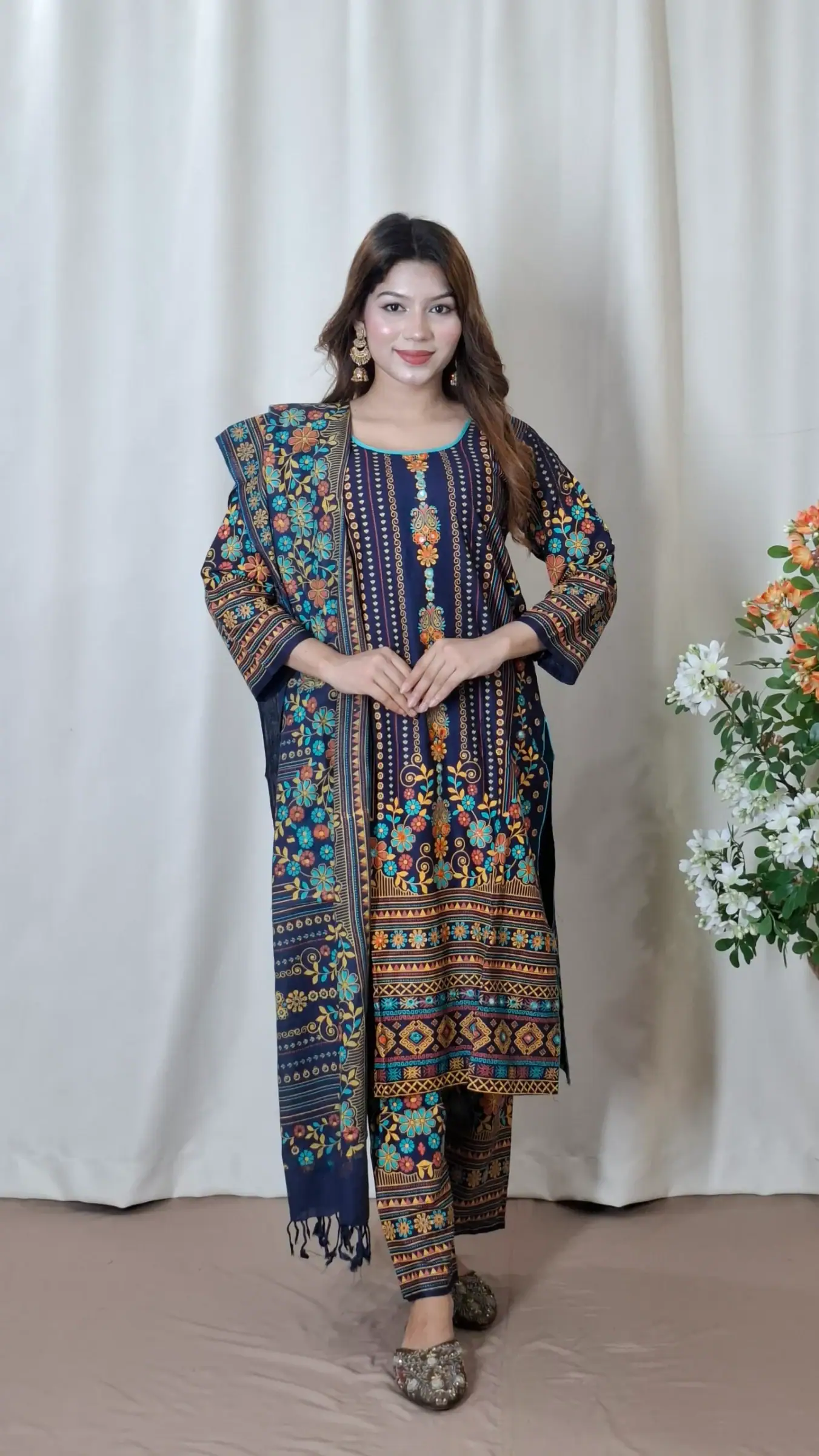 Aarong Cotton Three-Piece (BO-024) — Charcoal