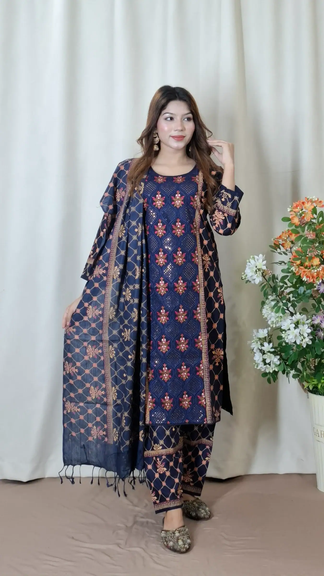 Aarong Cotton Three-Piece (BO-023) — Charcoal