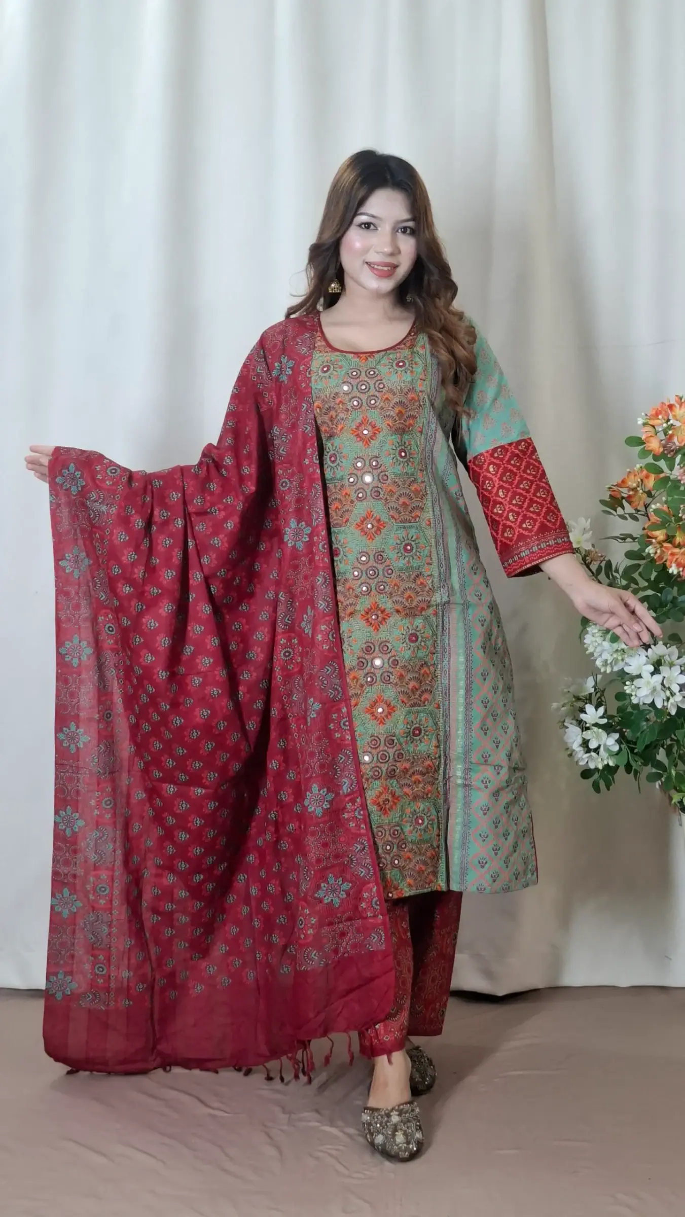 Aarong Cotton Three-Piece (BO-018) — Maroon